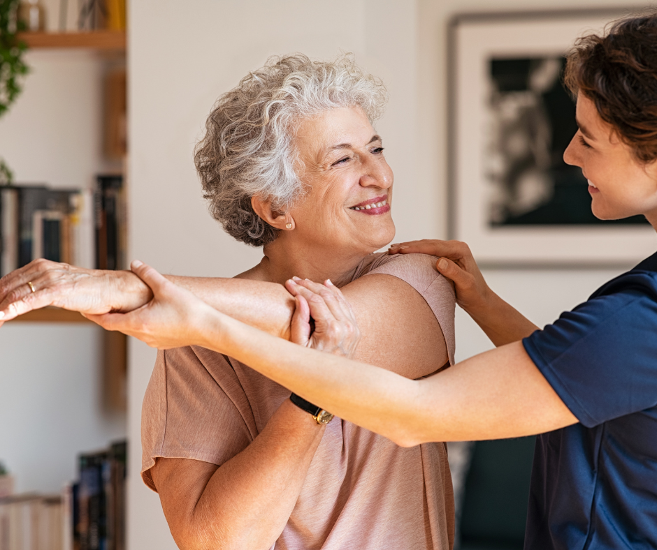 Horizons Home Care physical therapist helps patient with arm stretches